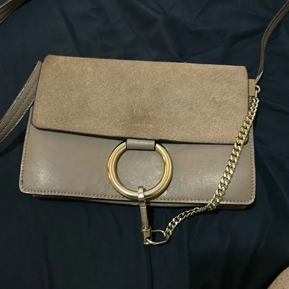 Chloe Suede Calfskin Small Faye Shoulder Bag Motty Grey Worn Suede Taupe Button
